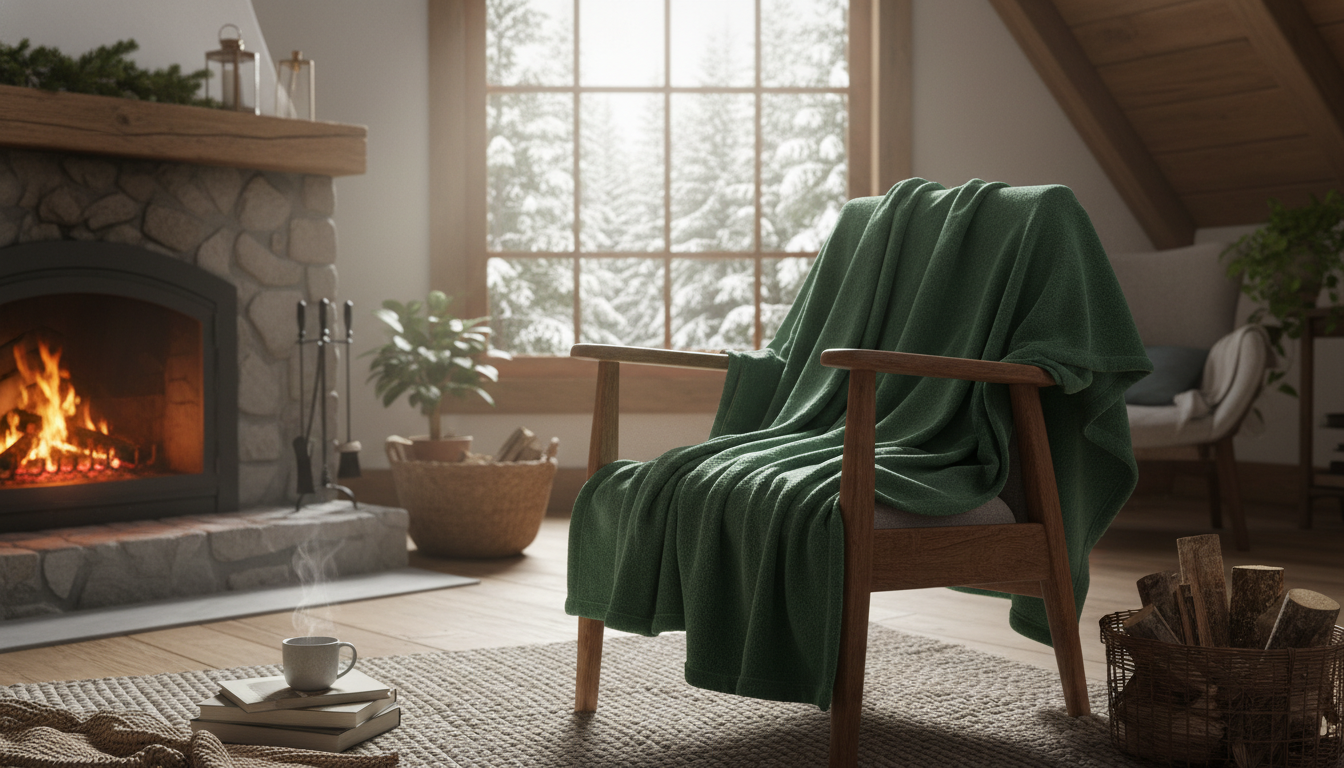 Poncho polaire gris drapé sur un fauteuil en velours, entouré de coussins colorés et d'une lumière douce.