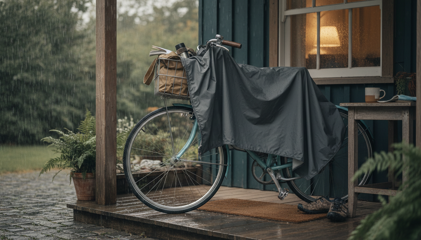 Cycliste en poncho rouge vif, pédalant sous une pluie légère, rue urbaine en arrière-plan.
