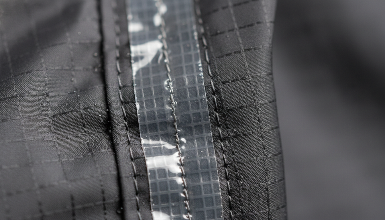 Gros plan sur le tissu imperméable, 100% polyester, avec finition mate et coutures étanches.