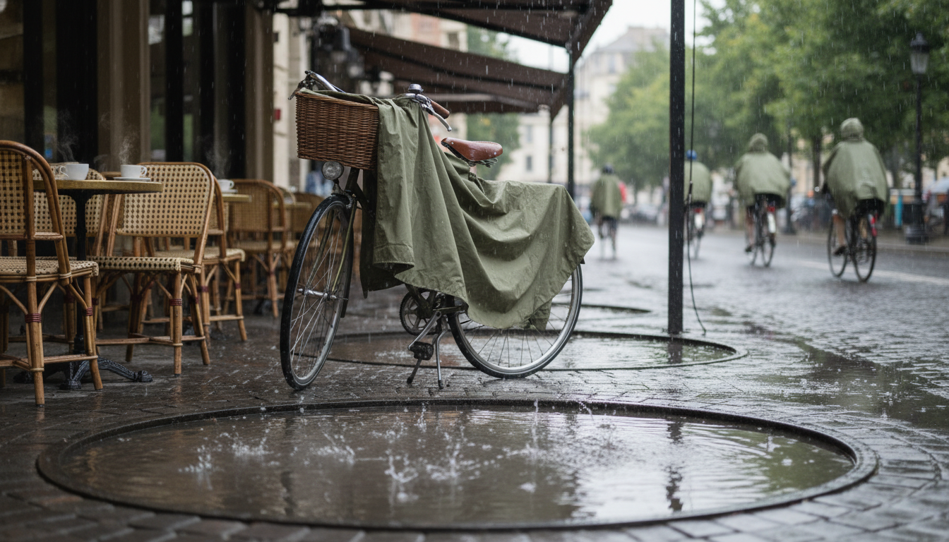 Poncho suspendu à un porte-manteau en bois, éclairage doux, ambiance chaleureuse et moderne.