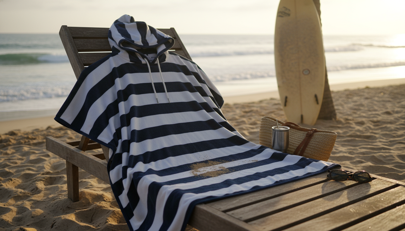 Famille profitant du soleil, vêtue de ponchos colorés sur le sable doré.