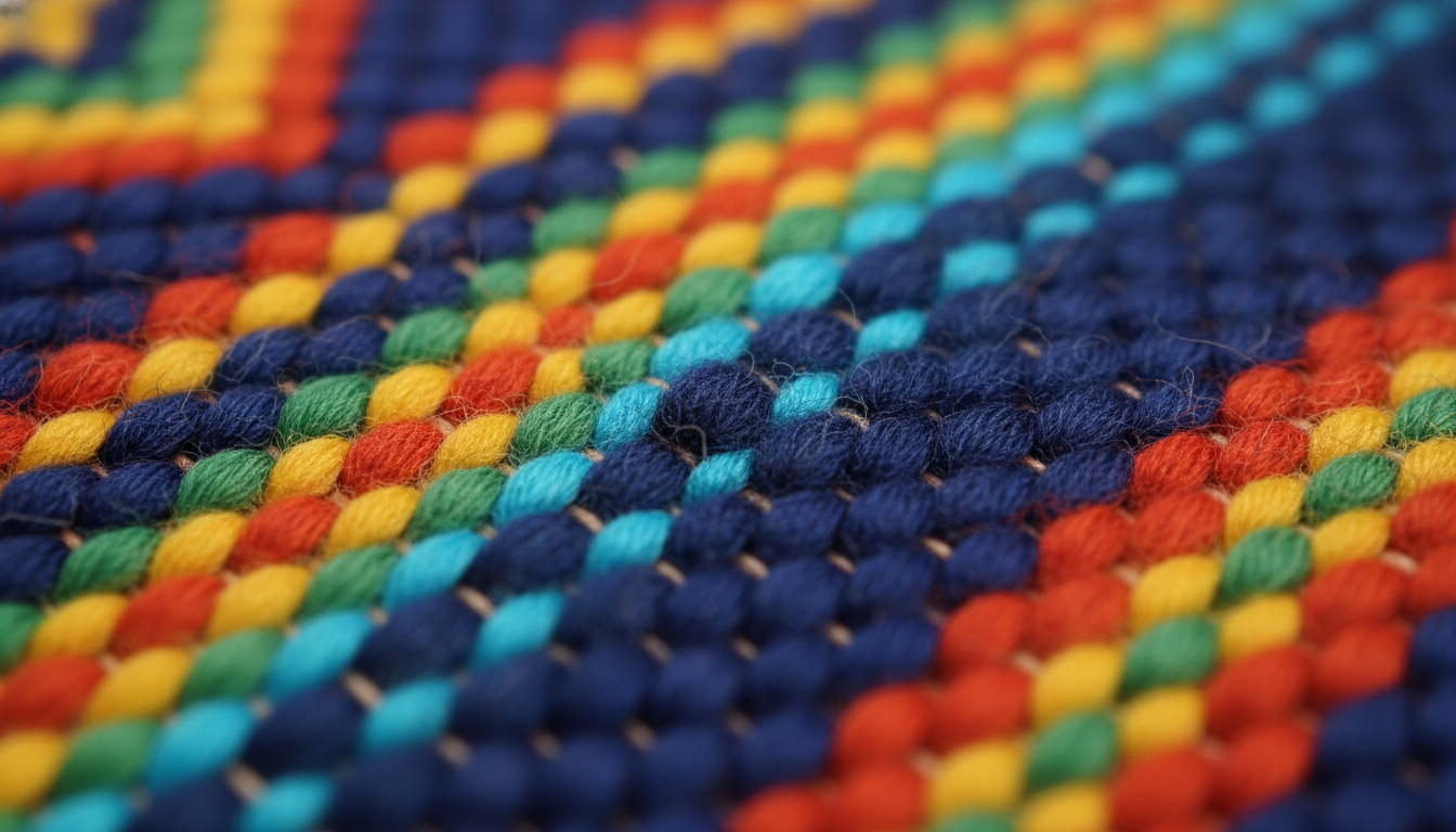 Gros plan sur le motif géométrique tissé à la main, révélant des fils en coton doux.