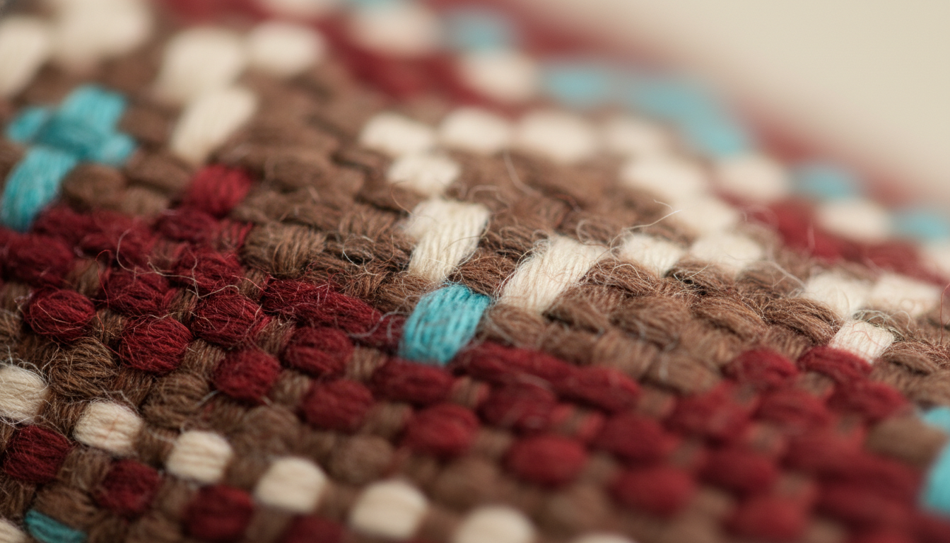 Gros plan sur les motifs géométriques en fil de laine, révélant une texture douce et chaleureuse.