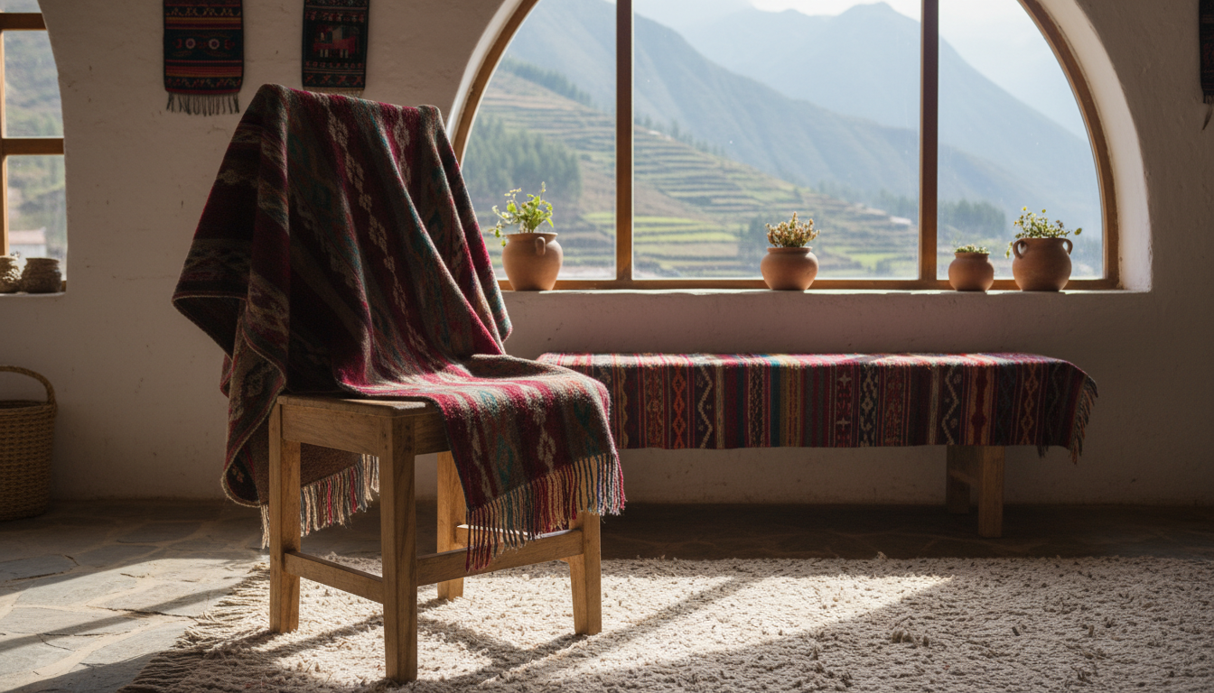Poncho drapé élégamment sur une chaise en bois, entouré de plantes vertes et de textiles artisanaux.