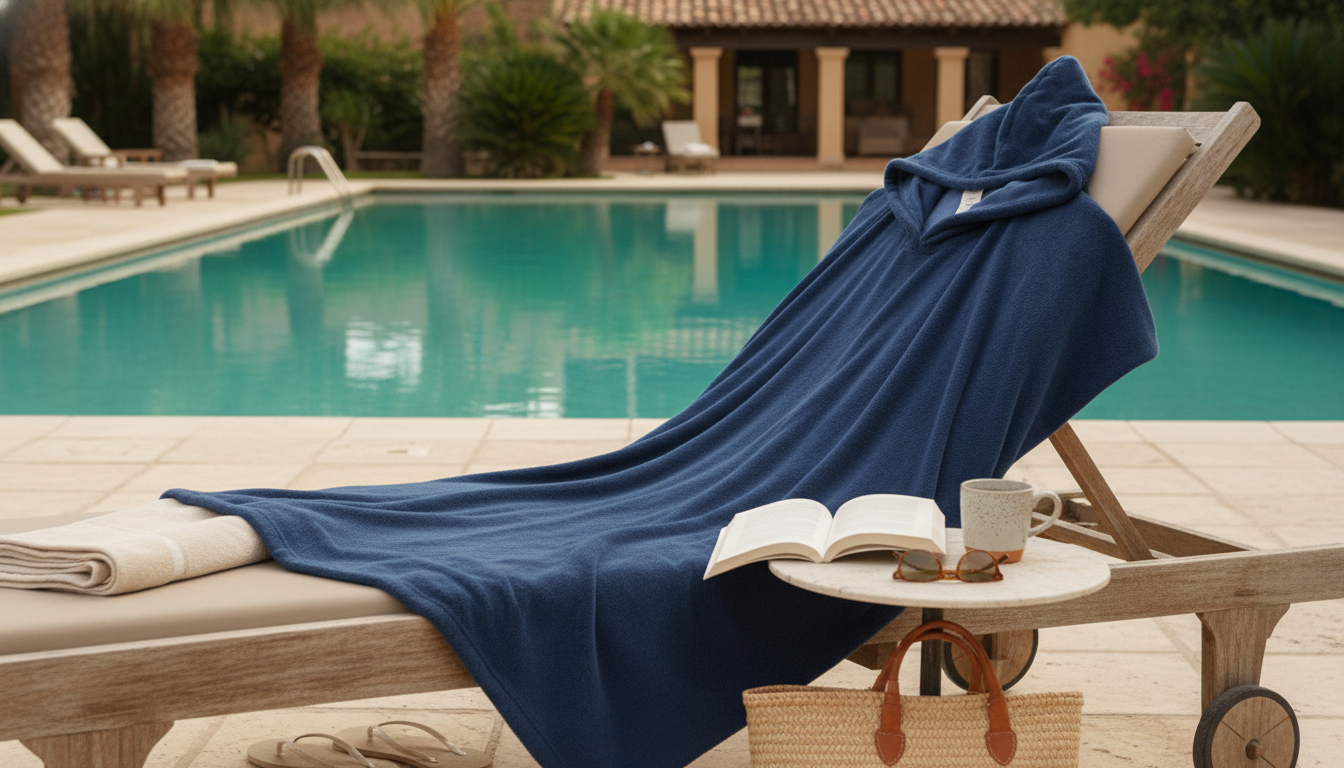 Un poncho bleu marine vibrant drapé sur un transat, prêt pour une baignade estivale.
