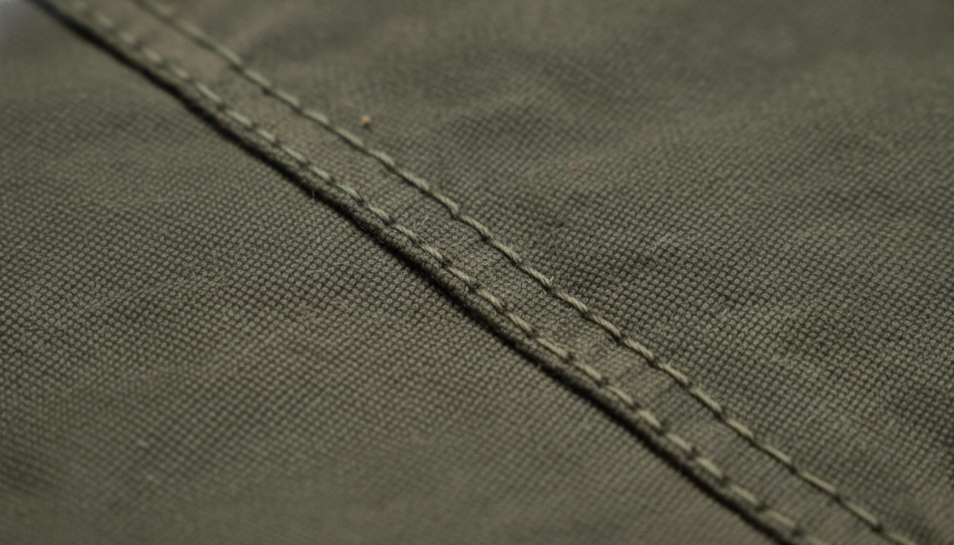 Gros plan sur la texture imperméable, avec coutures renforcées et motifs militaires subtils.