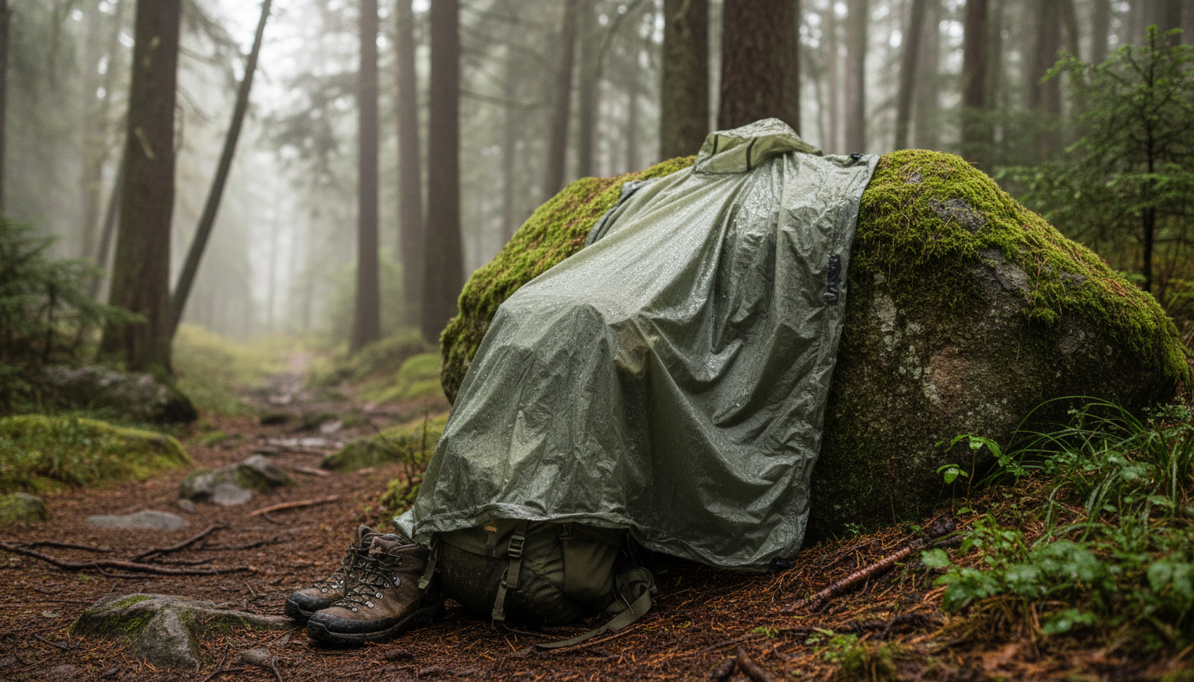 Poncho suspendu sur une branche, entouré de feuilles vertes et de gouttes d’eau.