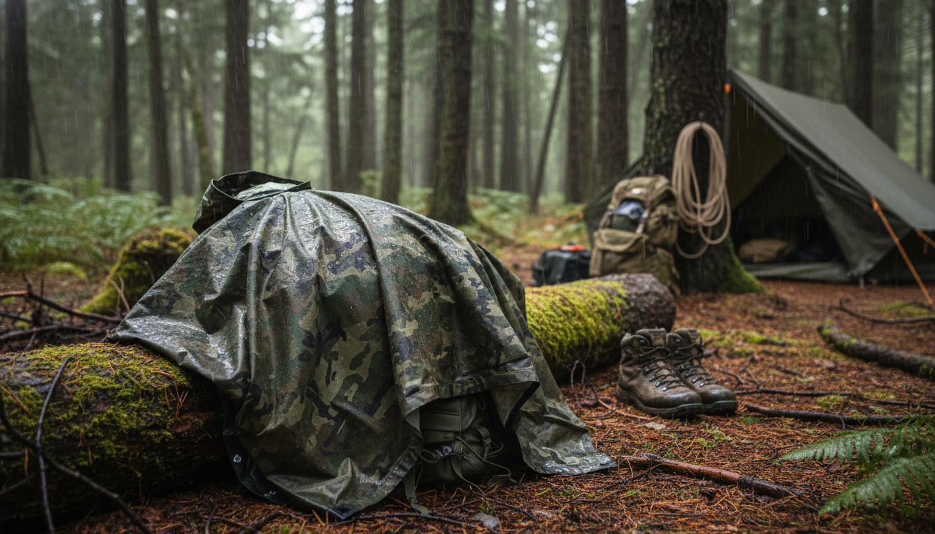 Poncho drapé sur une chaise en bois rustique, entouré de feuillage et d'équipement de camping.