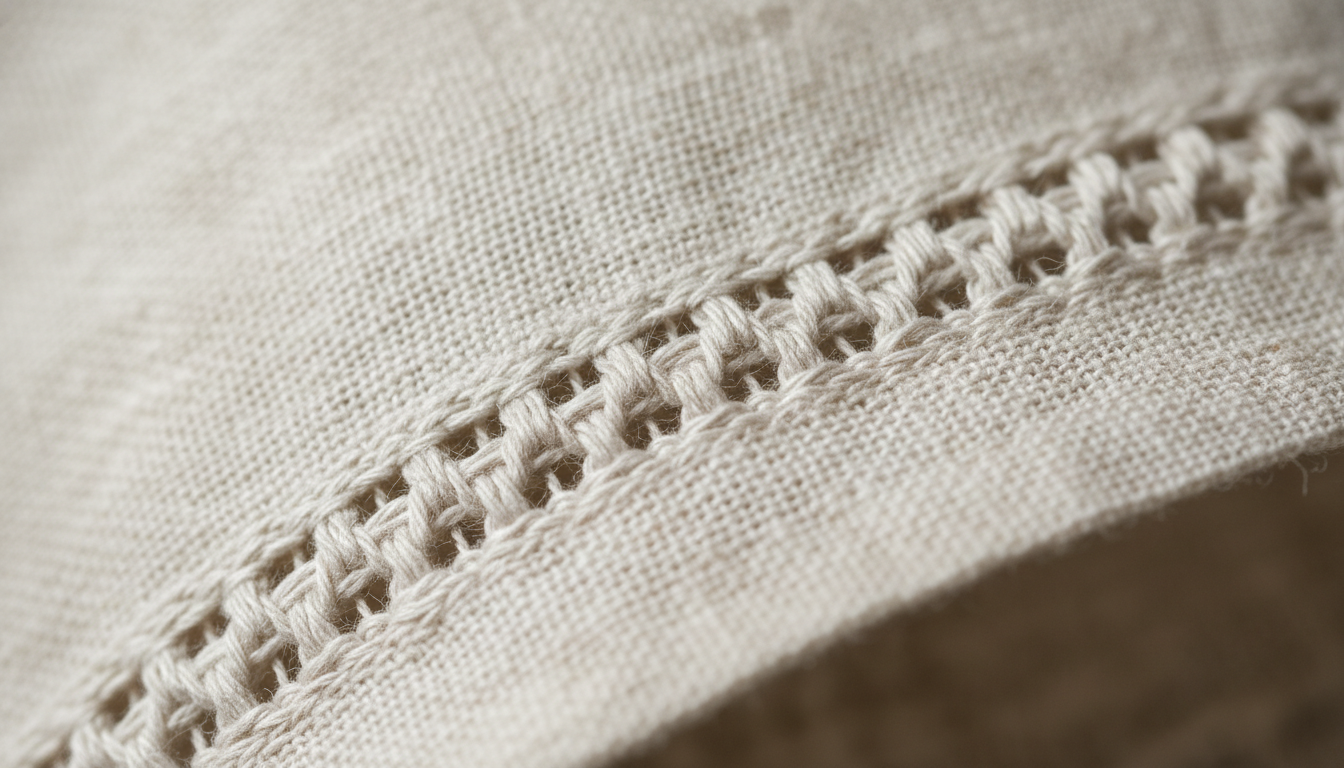 Gros plan sur le tissu en lin texturé, présentant des motifs floraux délicats en beige.