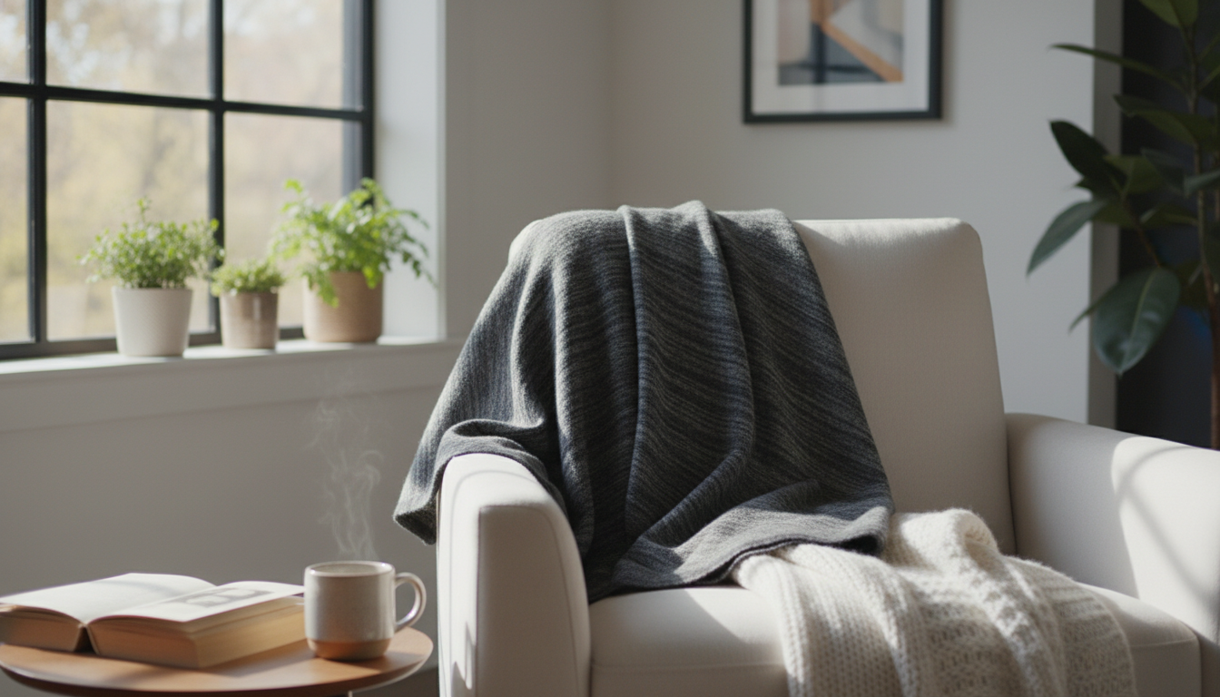 Un poncho gris en laine, porté par une femme sous la pluie, rue animée en arrière-plan.