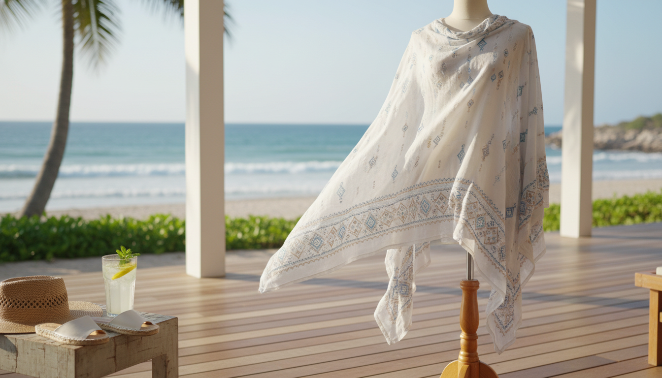 Poncho drapé élégamment sur une chaise en osier, entouré de plantes vertes et d’un chapeau de paille.