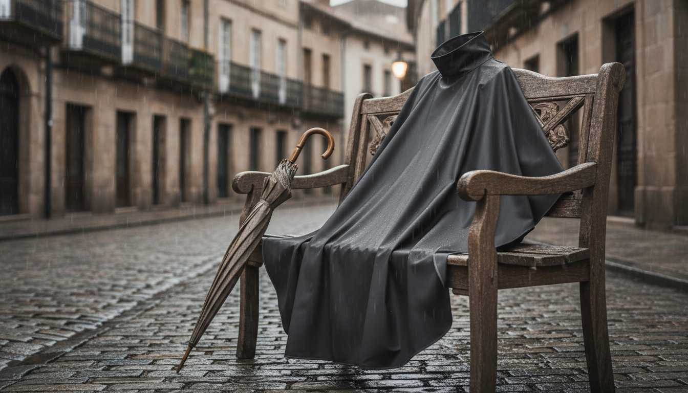Poncho suspendu sur un porte-manteau en bois, entouré de plantes d'intérieur et de livres.