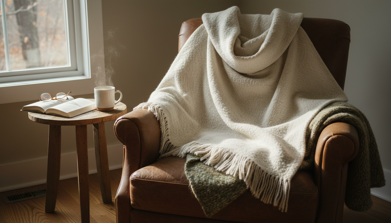 Poncho en coton beige drapé sur une chaise en bois, parfait pour des moments de détente.