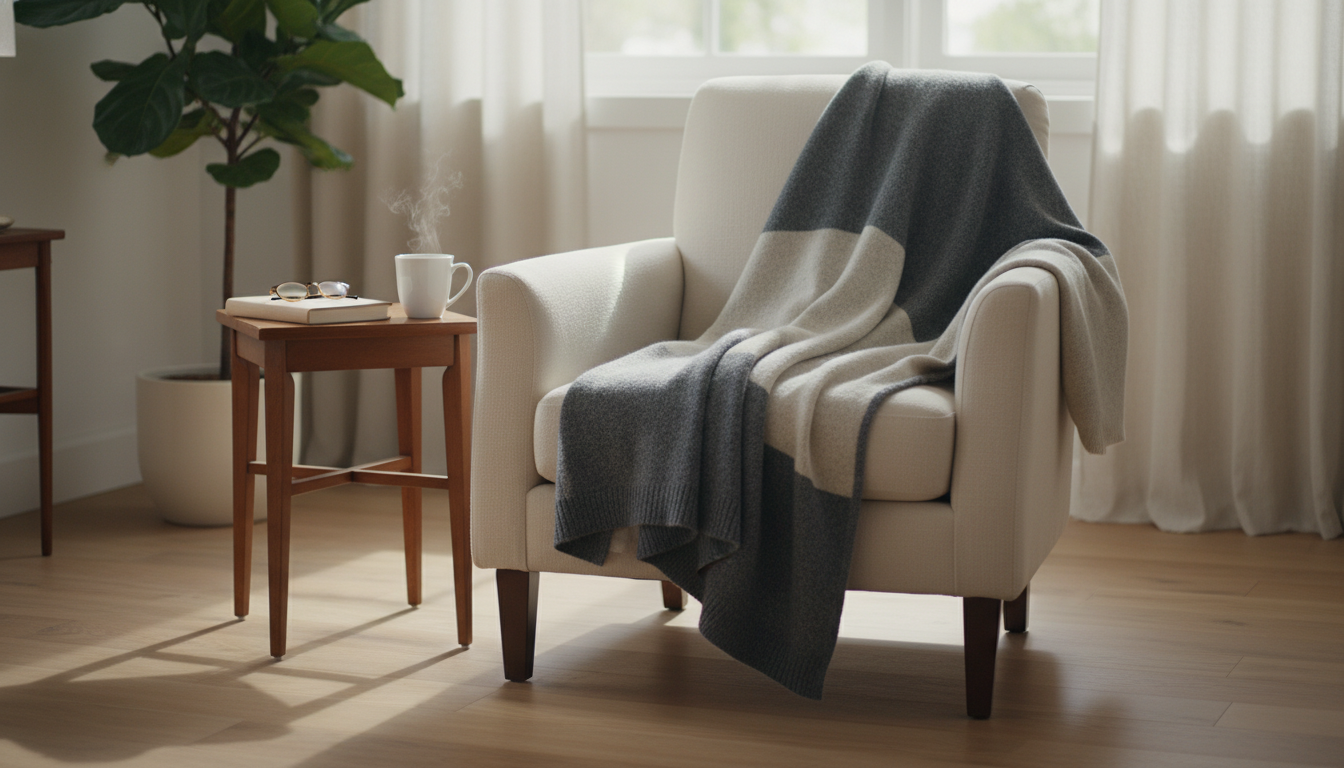 Femme élégante drapée dans un poncho bicolore beige et gris, sirotant un café en terrasse.
