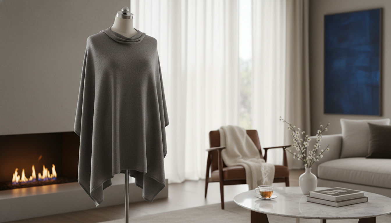 Poncho monochrome noir soigneusement posé sur un fauteuil en velours, illumine une pièce chic et moderne.