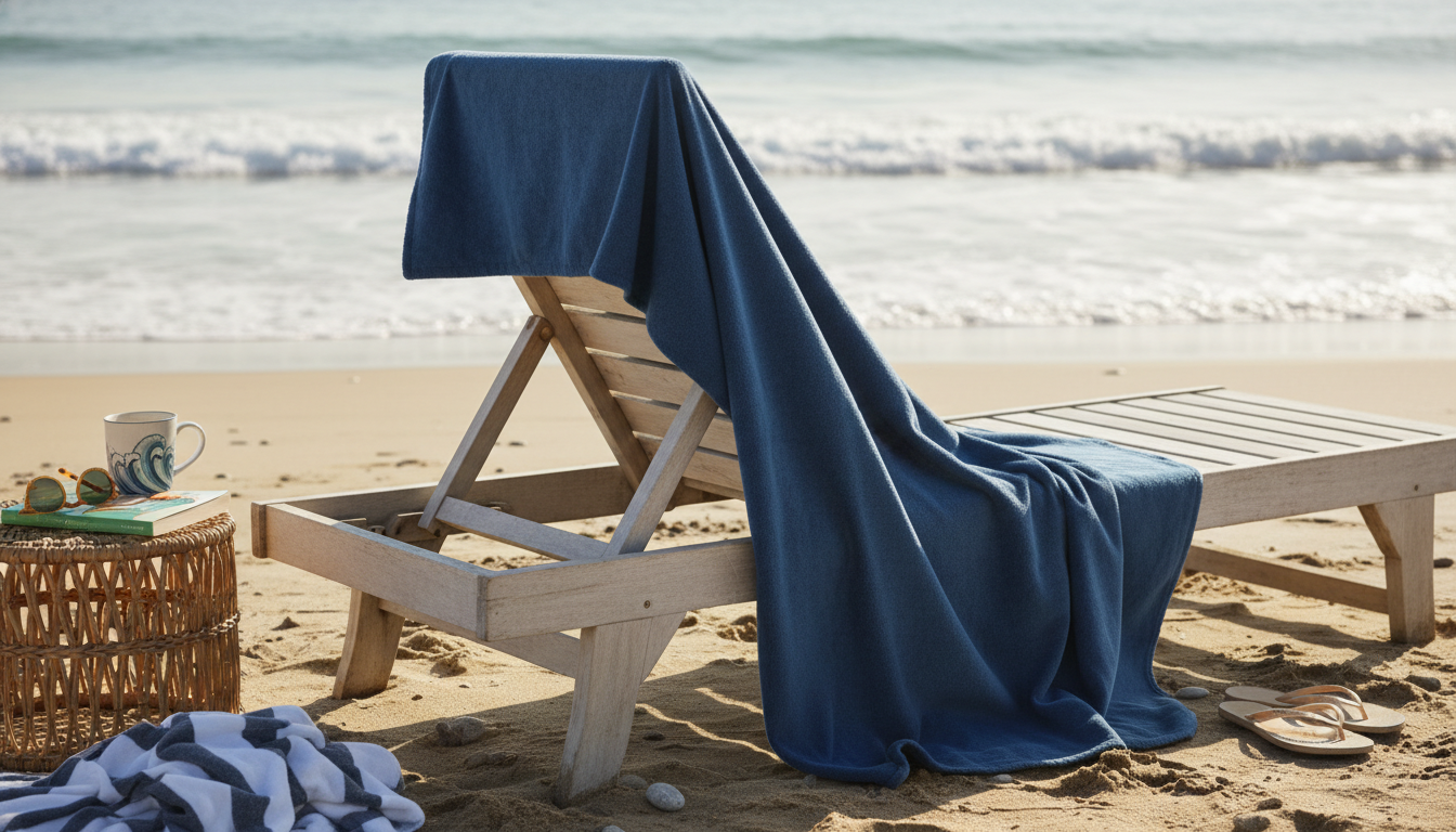 Femme souriante en poncho microfibre bleu, sortant d'une piscine, cheveux mouillés.