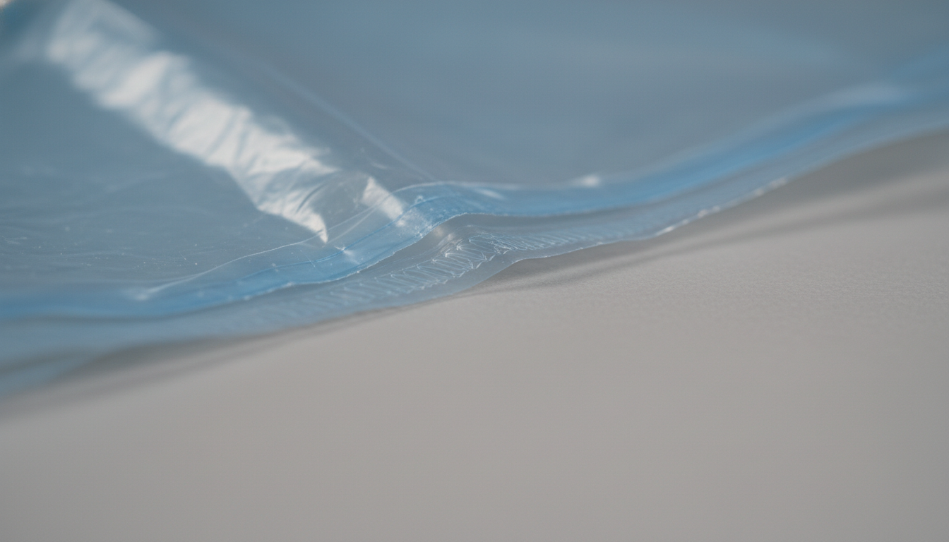 Gros plan sur la texture lisse et brillante du tissu imperméable, mettant en valeur les coutures renforcées.