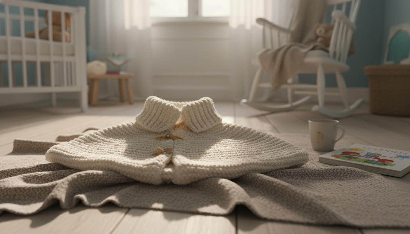 Poncho jaune vif drapé sur un fauteuil en rotin, entouré de jouets en bois naturels.