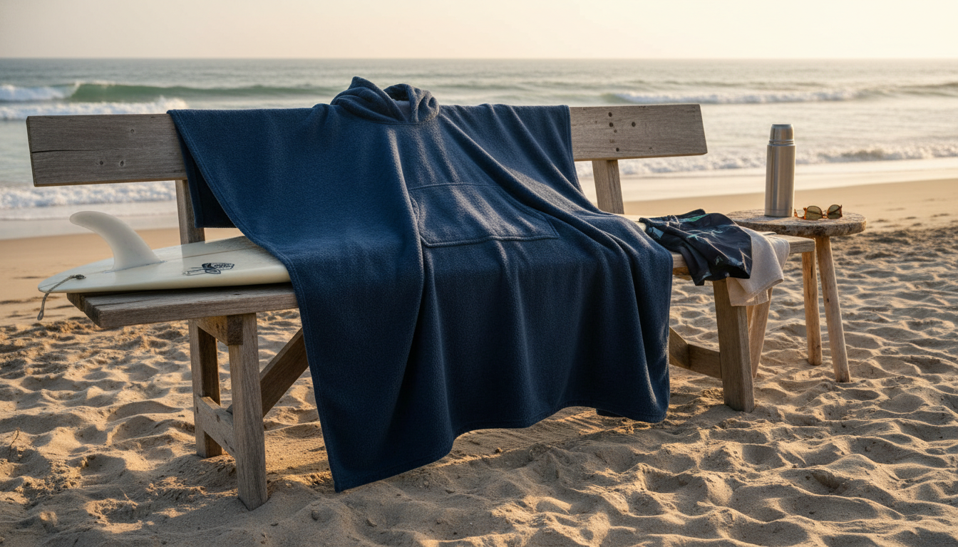 Homme relaxé en poncho microfibre bleu marine, profitant du soleil sur la plage.