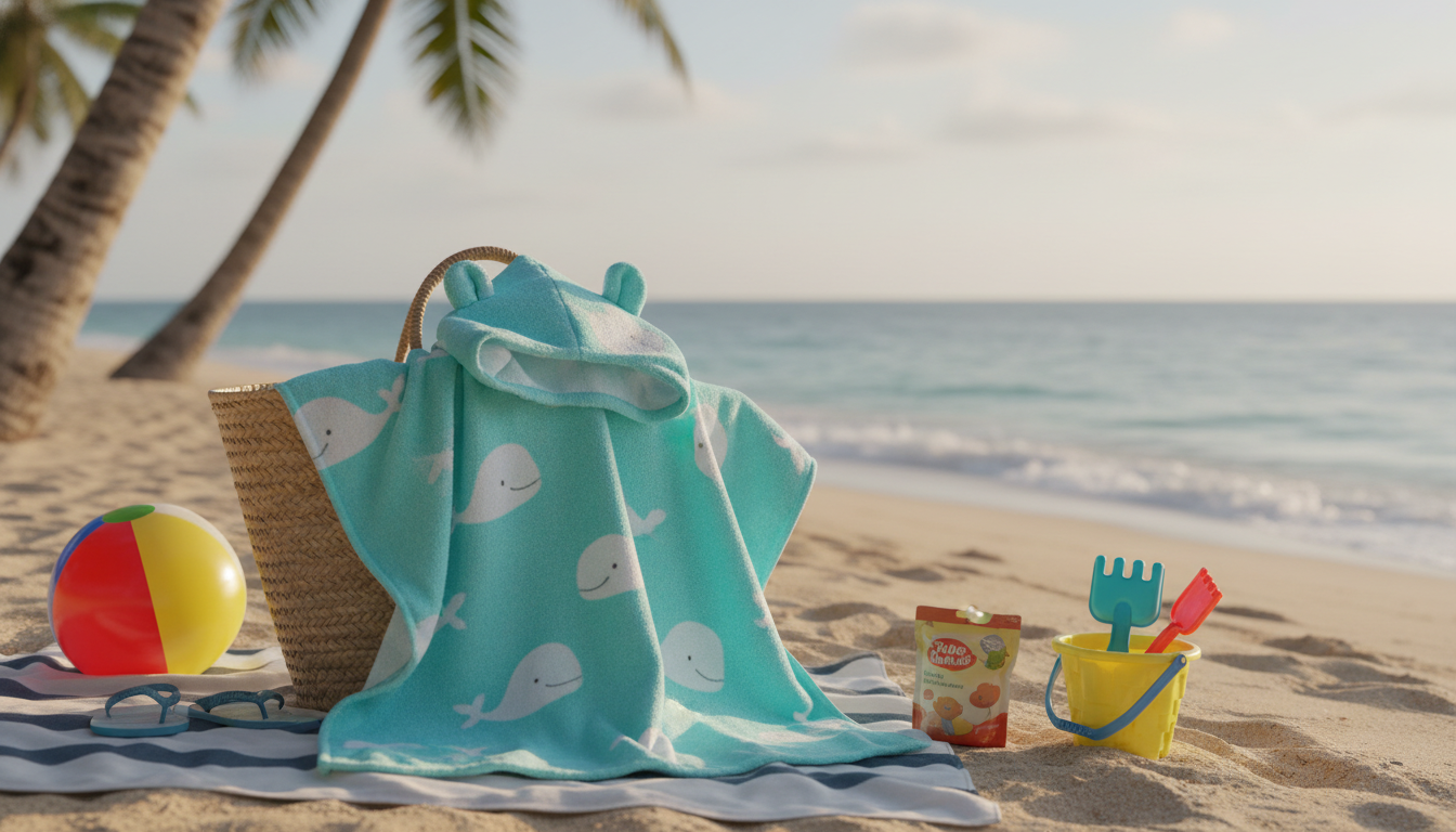 Bébé joue joyeusement sur le sable, portant un poncho turquoise à motifs marins.