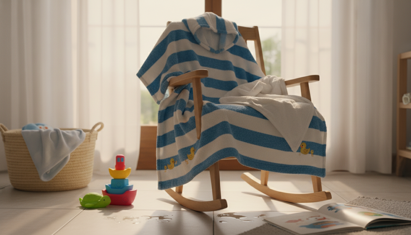 Bébé sourit, enveloppé dans un poncho bleu pastel après la baignade.