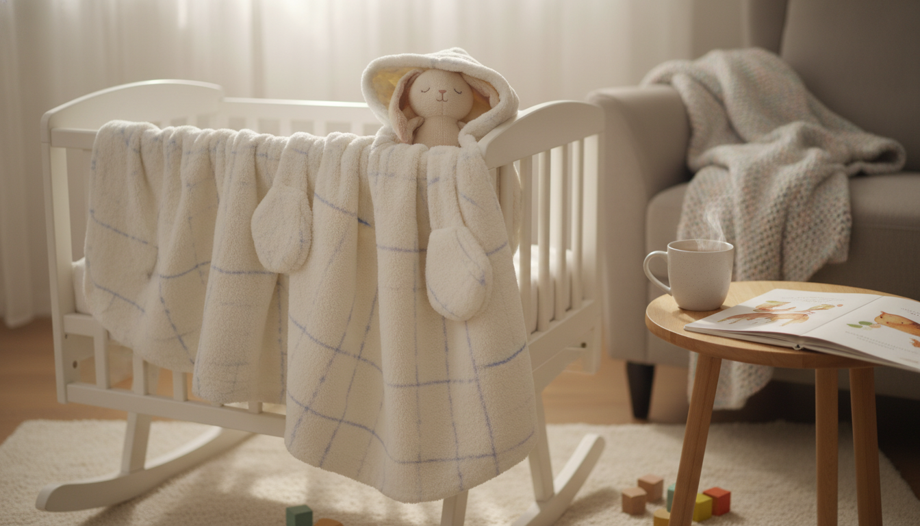 Bébé emmitouflé dans un poncho plaid beige, jouant sur un tapis moelleux.