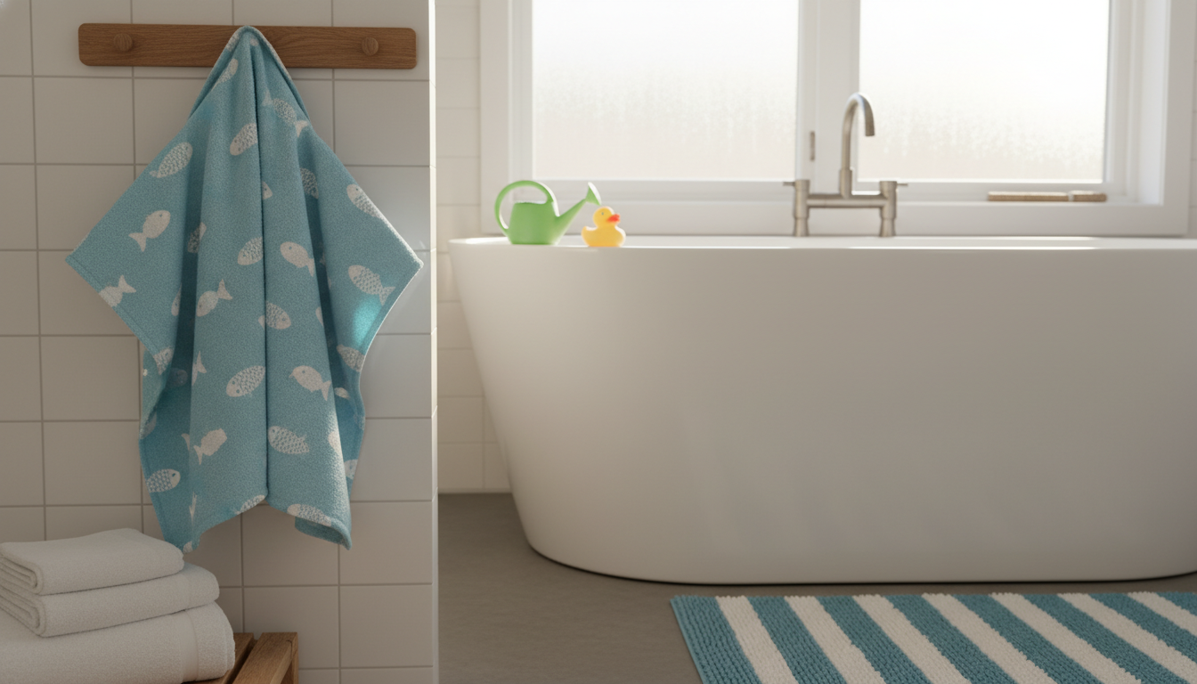 Poncho suspendu sur une chaise en teck, près de jouets aquatiques colorés.