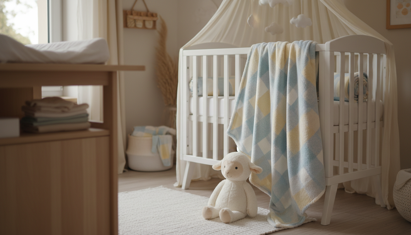 Poncho plaid drapé sur une chaise en bois, entouré de jouets en peluche colorés.