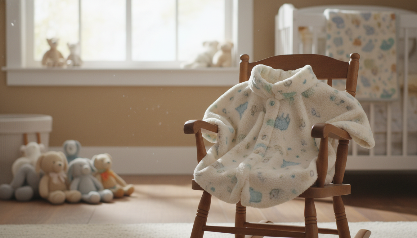 Poncho polaire crème délicatement drapé sur une chaise en bois, entouré de peluches douces.