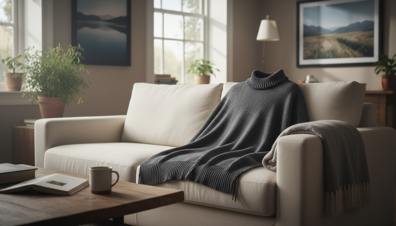 Un homme décontracté, portant un poncho gris mélangé, flânant sur un quai au coucher du soleil.