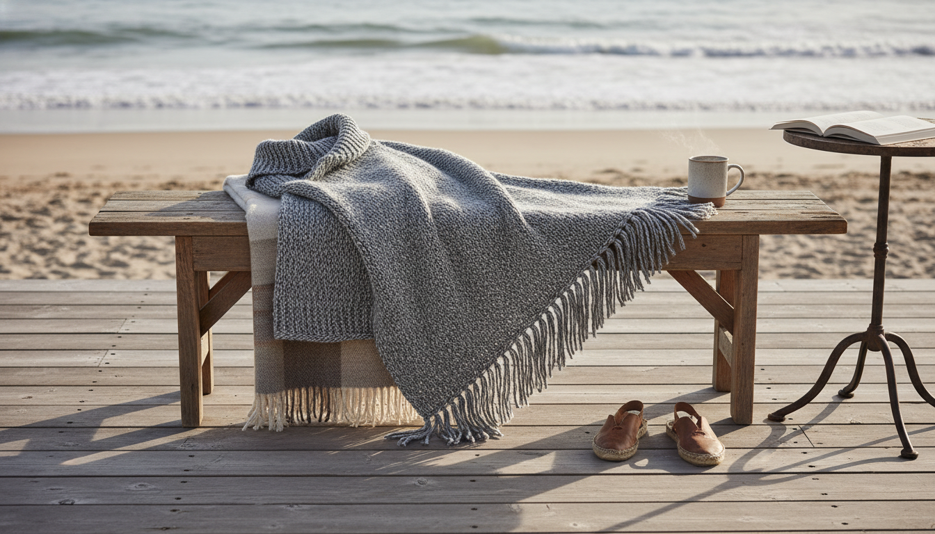 Poncho beige drapé élégamment sur un fauteuil en bois, entouré de plantes vertes et d’un plaid.