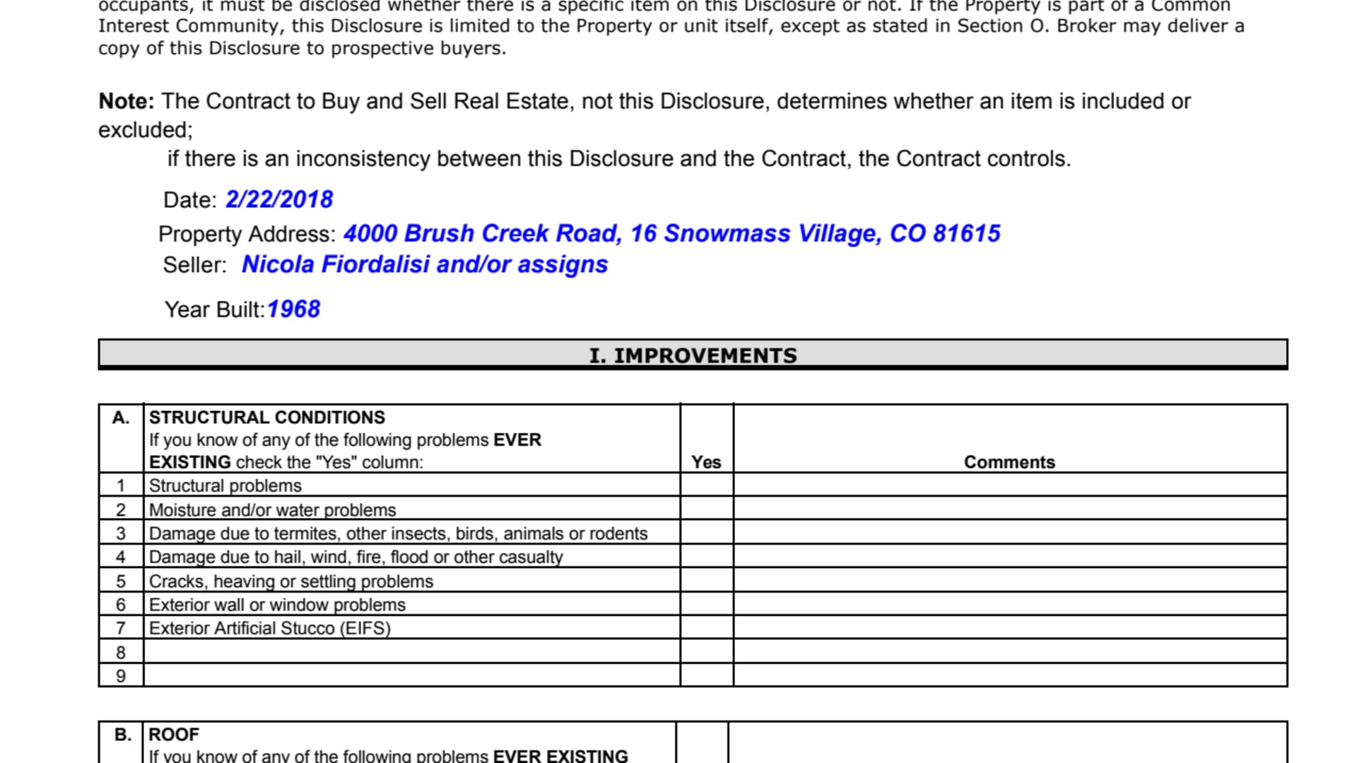 Seller's Property Disclosure