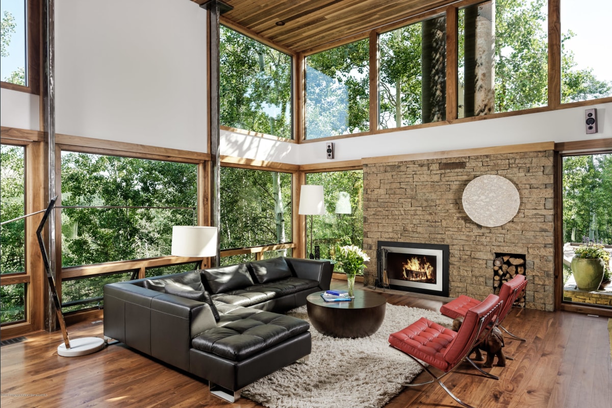 Living room with wood fireplace