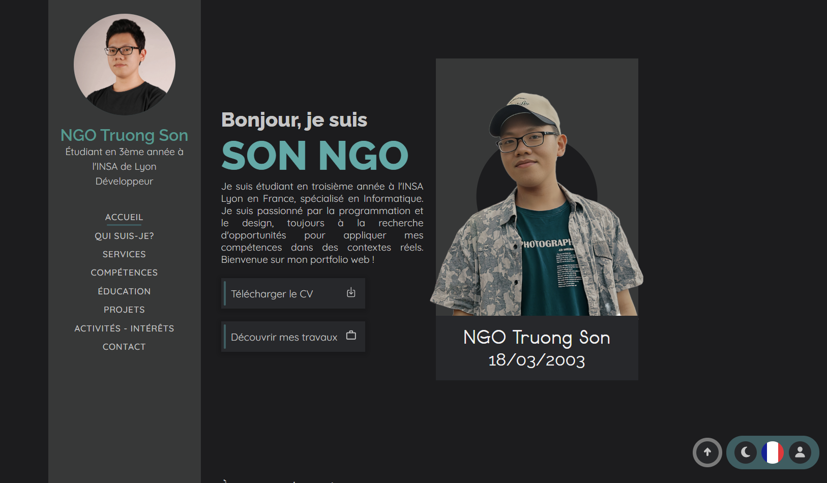 Landing page of the portfolio website