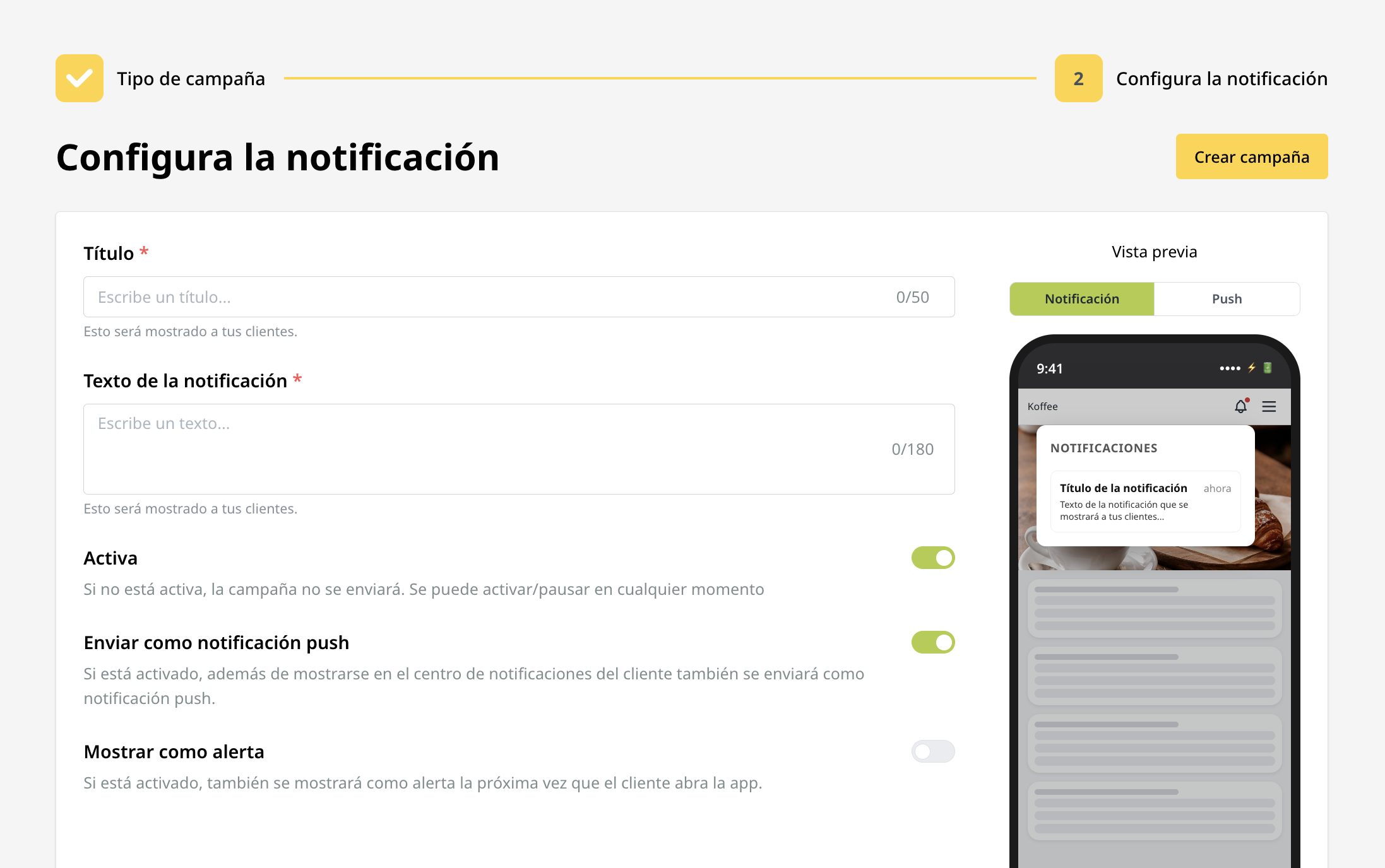 Configurar tipo de notificación push o alerta en Suscri