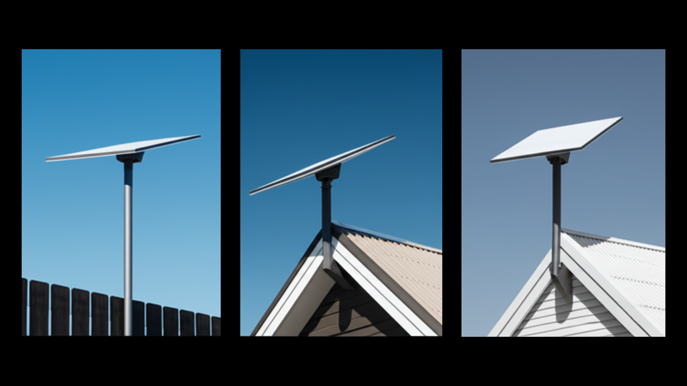 Collage of various satellite internet installations: roof, pole, and wall mounts