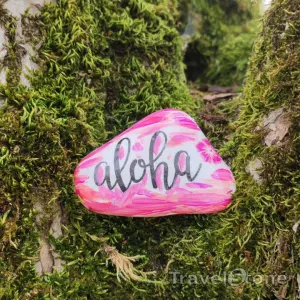 Painted painting stone by artist CJ showing sayings. Aloha. Ich starte heute meine Reise. Wer Weiss, vielleicht gehts nach Hawaii :-).