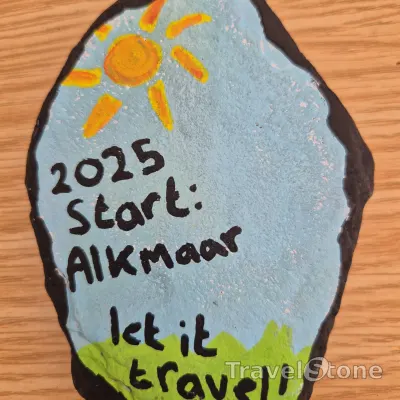 Painted painting stone by artist paulzuurbier showing landscape. Our first travel stone, starting in Alkmaar NL..