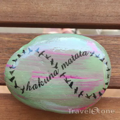 Painted painting stone by artist LaLiLu showing pattern. Hakuna Matata.