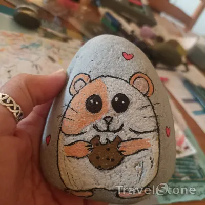 Painted painting stone by artist comfortinstones showing animals. Hamster and crumbles.