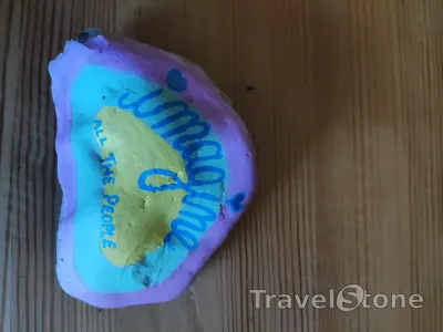 Painted painting stone by artist nad_doodles showing sayings. Imagine Pastell .