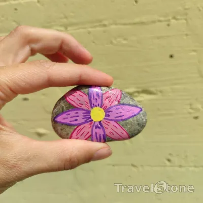 Painted painting stone by artist 007 showing plants. Flower Power TravelStone.