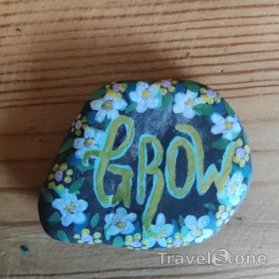 Painted painting stone by artist nad_doodles showing sayings. Grow.