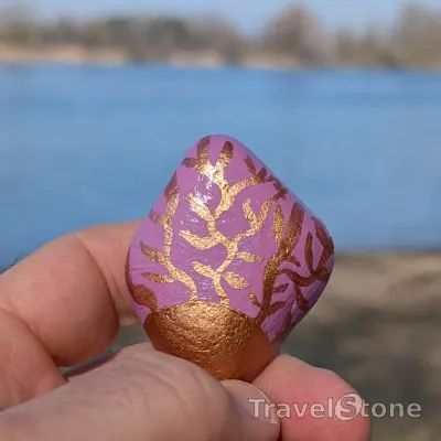 Painted painting stone by artist 007 showing pattern. Stone painted copper and pink.