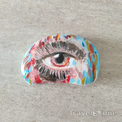 Painted painting stone by artist CJ showing people. Acrylic eye painting.