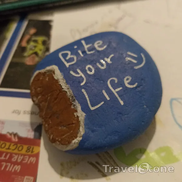 Painted painting stone by artist comfortinstones showing food. Bite your life