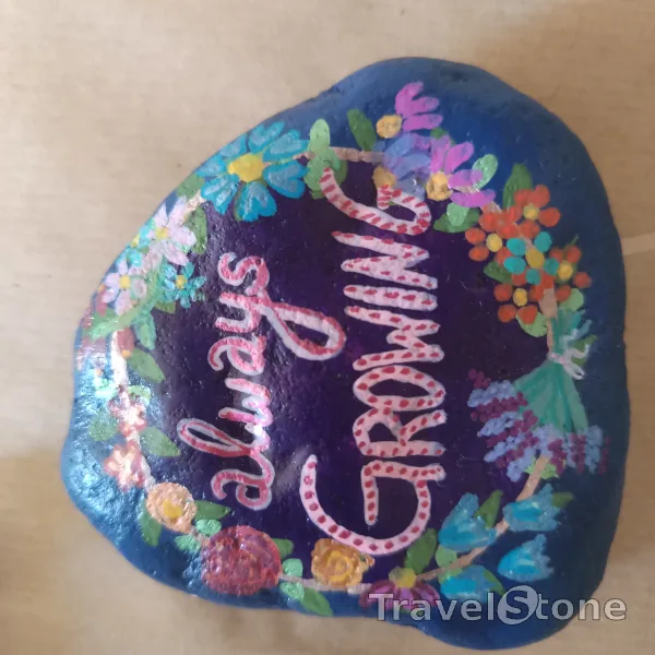 Painted painting stone by artist nad_doodles showing sayings. Always growing