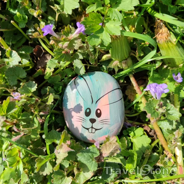 Painted painting stone by artist CJ showing special occasion. Easter TravelStone