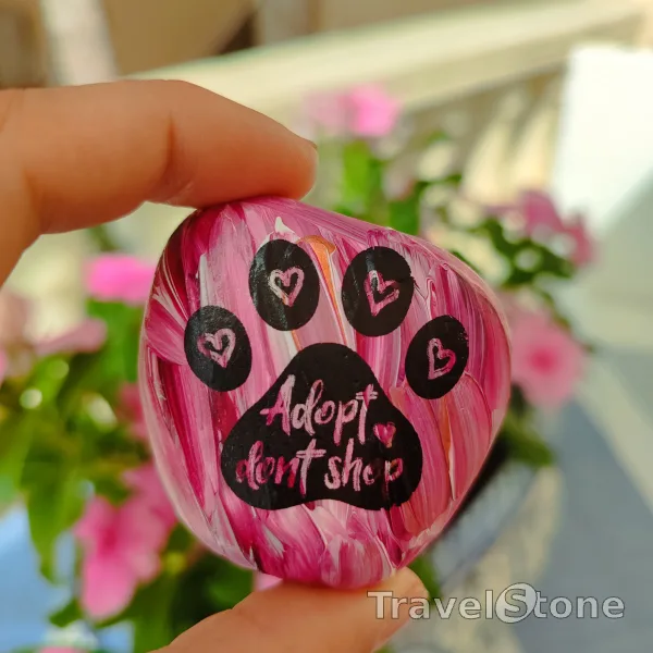 Painted painting stone by artist CJ showing animals. Adopt dont shop. APASA, Javea Spain