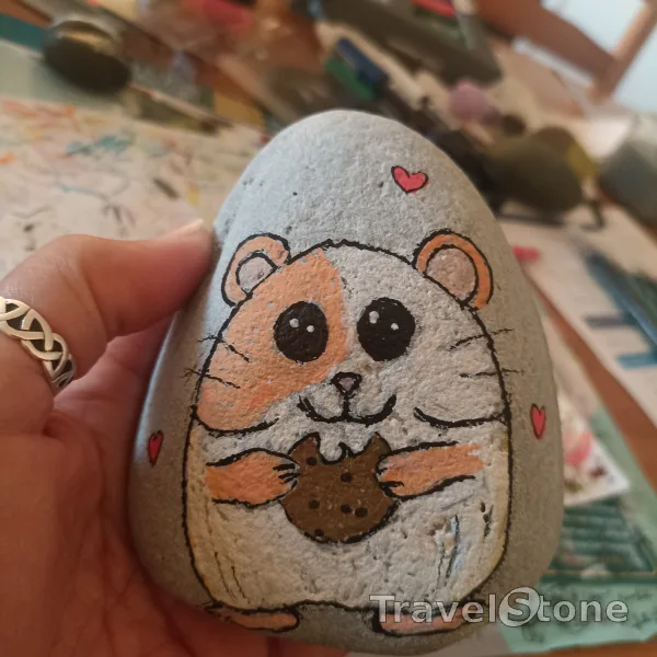 Painted painting stone by artist comfortinstones showing animals. Hamster and crumbles